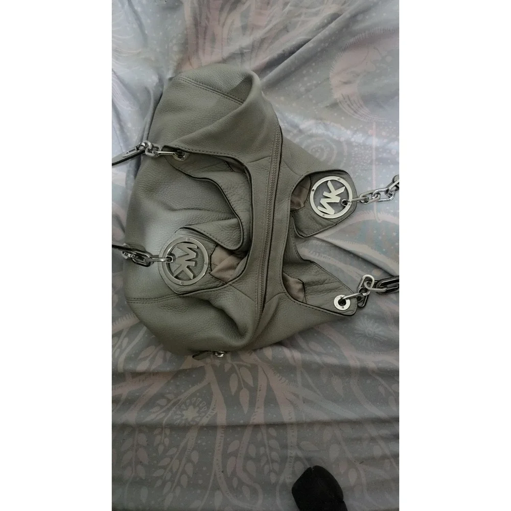 Michael Kors Fulton Hobo Shoulder Bag Gray Pebbled Leather Silver MK Logo Charm
